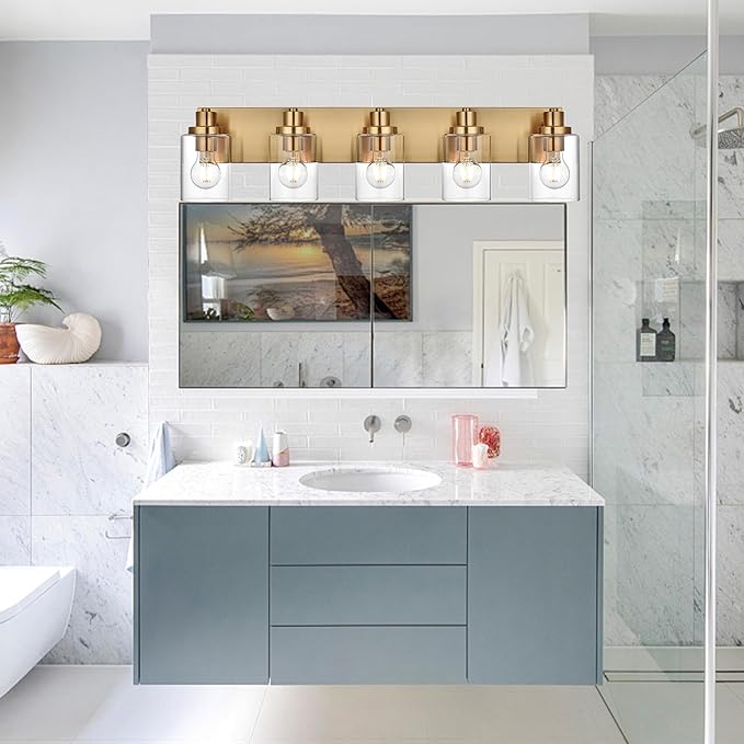 5 Light Bathroom Vanity Lights Brushed Brass Bathroom Lighting Fixtures Over Mirror with Clear Glass Shades, Modern Industrial Wall Sconces Vanity Lighting Fixture for Bedroom Living Room