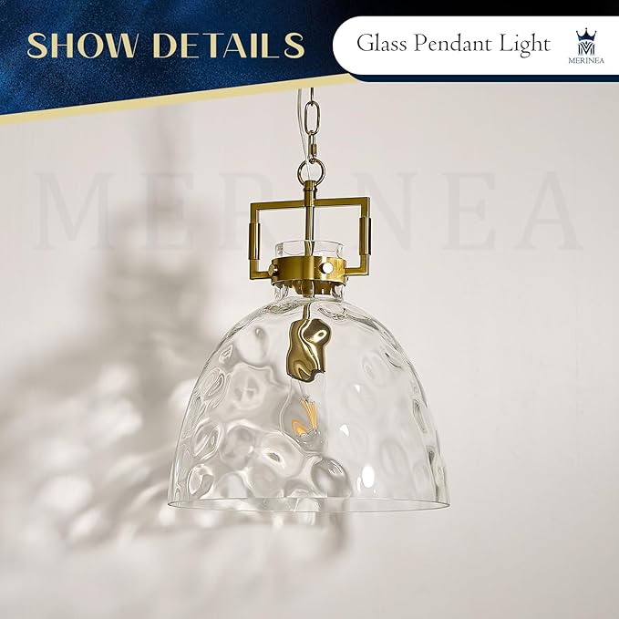 Glass Pendant Light, 13.8 Inch Single Hanging Ceiling Light with Adjustable Chain, E26 Base Oversized Clear Glass Kitchen Island Pendant Lighting in Brass Gold for Dining Room, Entryway