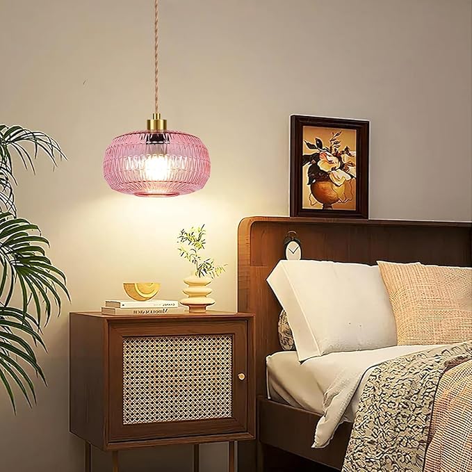 QIYIZM Pink Plug in Pendant Light Hanging Lights with Plug in Cord Boho Hanging Lamp Glass Gold Mid Century Modern Vintage Dimmable Flower Plug in Chandelier Ceiling Fixture for Living Room,Kitchen