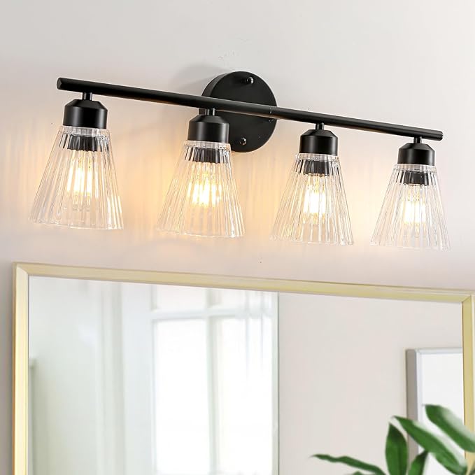 4-Light Bathroom Vanity Light, Matte Black Bathroom Light Fixtures Over Mirror with Stripe Glass, Modern Wall Lamp, Black Wall Sconces for Living Room Bedroom Kitchen Hallway