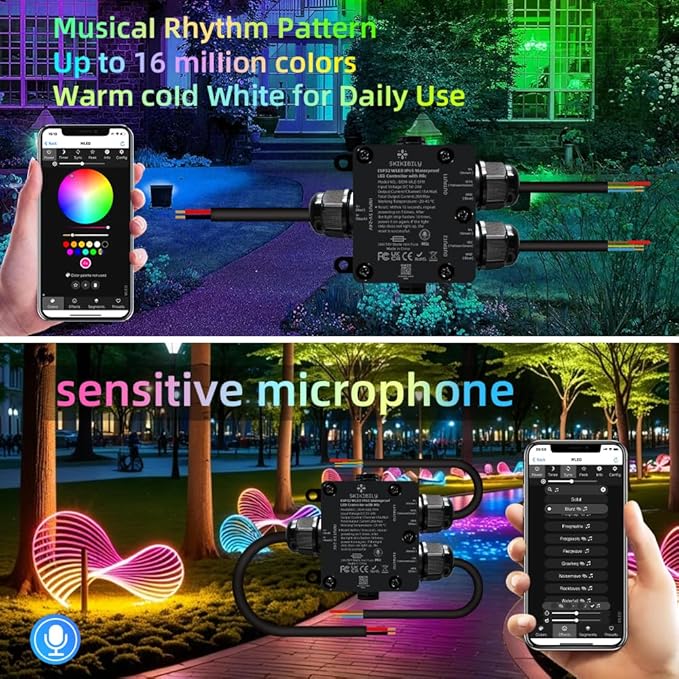 ESP32 WLED LED Controller with Mic for Music Sync, APP/Web Control, IP65 Waterproof, 5V/12V/24V WS2812B SK6812 WS2811 RGBIC Addressable LED Strip Lights, 20A Output Fuse Protection