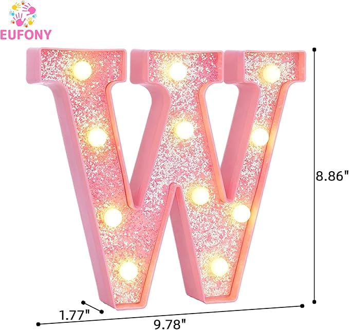 Pink Marquee Light Up Letters, Glitter Alphabet LED Letter Lights for Pink Birthday Party Decorations, Battery Operated Letter Sign for Girls Room Vanity Table Decor, Warm White Lights Letter W