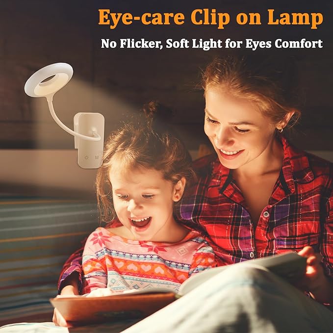 2 Pack Clip on LED Reading Light, 25 Models USB Rechargeable Bed Lights with Large Clamp for Headboard, Eye Protection Cordless Lamp for Bedframe Table Beside Desk Home Office