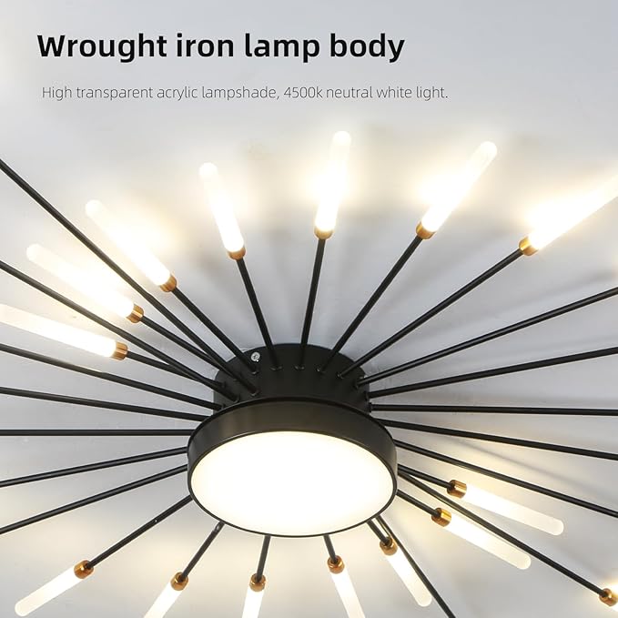 JAYMP 41.3" Ceiling Light Modern Flower Shape Ceiling Lamp for Living Room Dining Room Flush Mount Metal Acrylic Sputnik Firework Petal LED Lighting Fixture (Matte Black, 28+1 Lights)