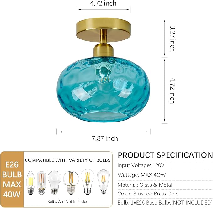 Blue Glass Semi Flush Mount Ceiling Light - 2 Pack,7.9 Inch Hammered Glass Small Hallway Light fixtures, Vintage Gold Art Deco Flush Mount Ceiling Light for entryway Foyer Laundry Room Kitchen