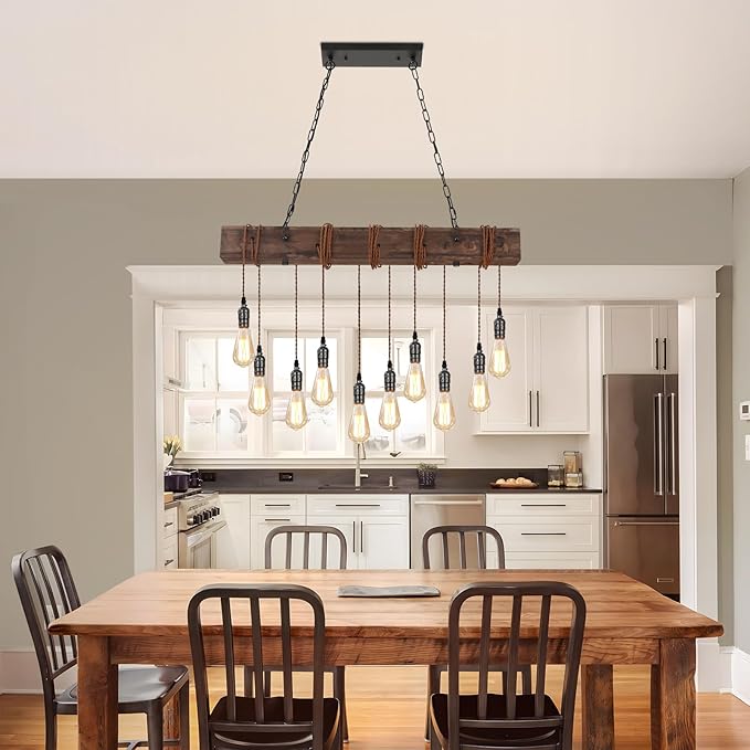 KEESFU 10-Lights Rustic Chandeliers for Dining Room, Farmhouse Wooden Ceiling Pendant Light, Height Adjustable, Rectangle Chandelier for Kitchen Island Dining Room Bar Pool Table Cabin.