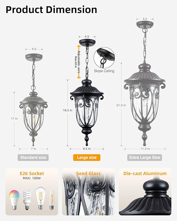 VIANIS Large Outdoor Pendant Lights, Black Hanging Porch Light Fixture, Waterproof Outdoor Hanging Light for House, Doorway, Entryway, 100% Aluminum, Anti-Rust, Vintage Style