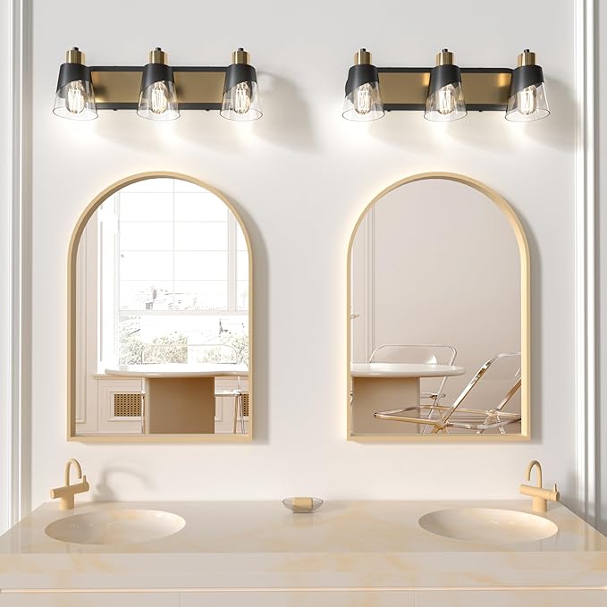 URSOLA Bathroom Vanity Light, 3 Lights Bathroom Light Fixtures, 19.7 inch Bathroom Light Fixtures Over Mirror Black and Gold, with Bevelled Edge and Clear Glass Shade Wall Lamp