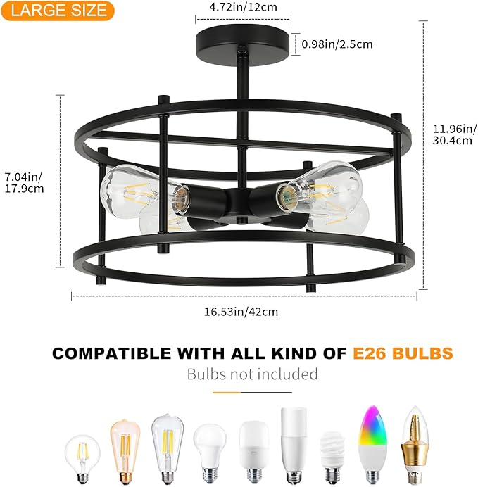 Semi Flush Mount Ceiling Light Fixtures 16.53'' Black Kitchen Light Farmhouse Ceiling Light Fixtures, 4 Light Industrial Semi Ceiling Lights for Bedroom, Dining Room Living Room Hallway