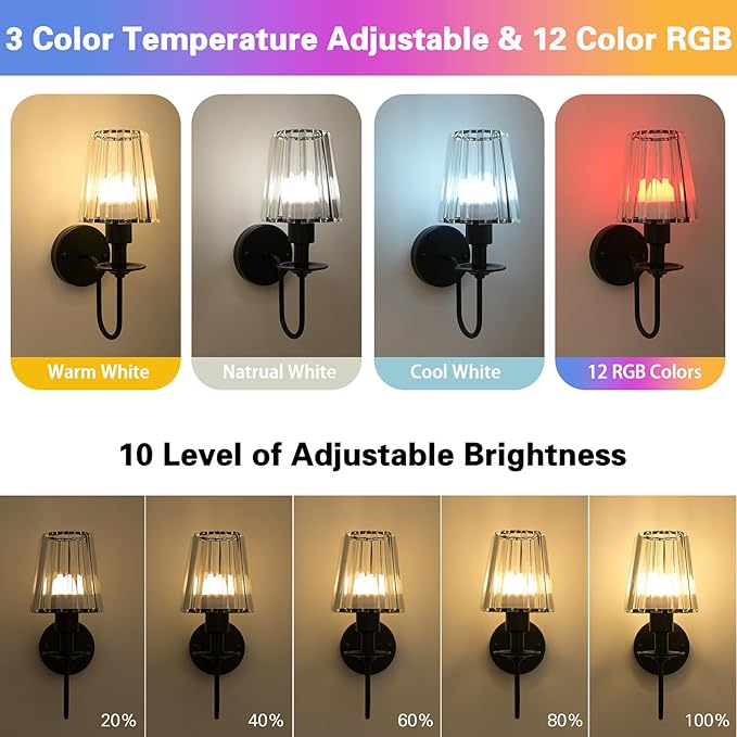 Battery Operated Wall Sconces Set of 2 – 5200mAh Rechargeable Crystal Glass, 15 Colors & 10-Level Dimmable, Wireless Wall Lights for Living Room & Bedroom,Black