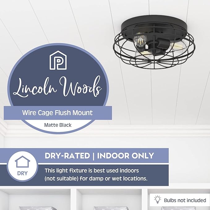 Prominence Home Lincoln Woods 15" Matte Black Industrial Flush Mount Light with Cage - 51552-01