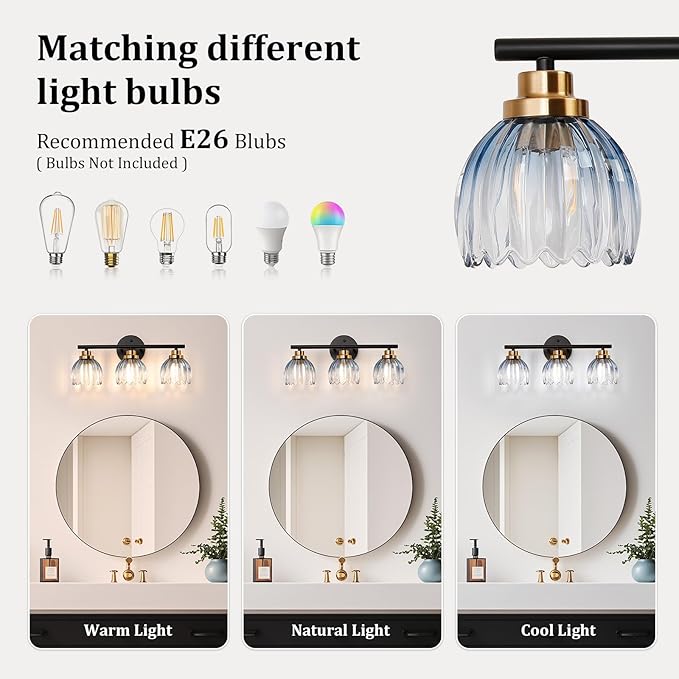 TALOYA Bathroom Vanity Light Fixtures, 3-Light Modern Black and Gold Wall Lights Over Mirror with Gradient Blue Tulip Glass Shades Bathroom Wall Lamp for Mirror, Living Room,Hallway, Farmhouse