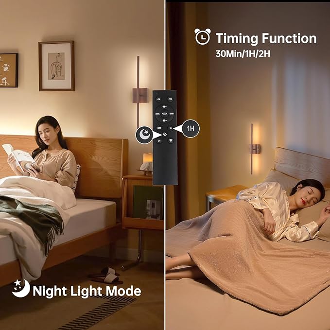 Shenmoyl Battery Operated Wall Sconce Set of 2, 8000mAh Rechargeable Wall Sconces, 3000K-6000K Dimmable, 350°Rotate, Indoor Wall Lights for Bedroom Living Room Bathroom, Black Walnut, 23.6 Inch