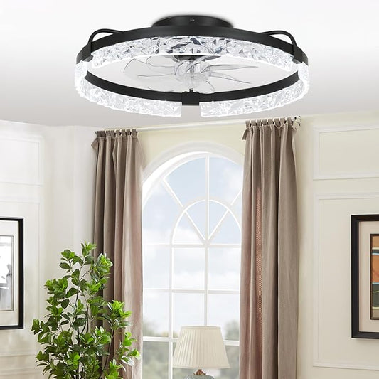 20" Modern LED Ceiling Fan with Lights Dimmable Acrylic Dimmable Low Profile Ceiling Fan Flush Mount Bladeless Chandelier Fan Stepless Color Temperature Change and 6 Speeds (Black)