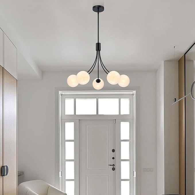 Bubble Chandelier, Modern Sputnik Dining Room 5-Light Chandelier with Black Finish and Glass Globes for Kitchen Bedroom Foyer and Living Room