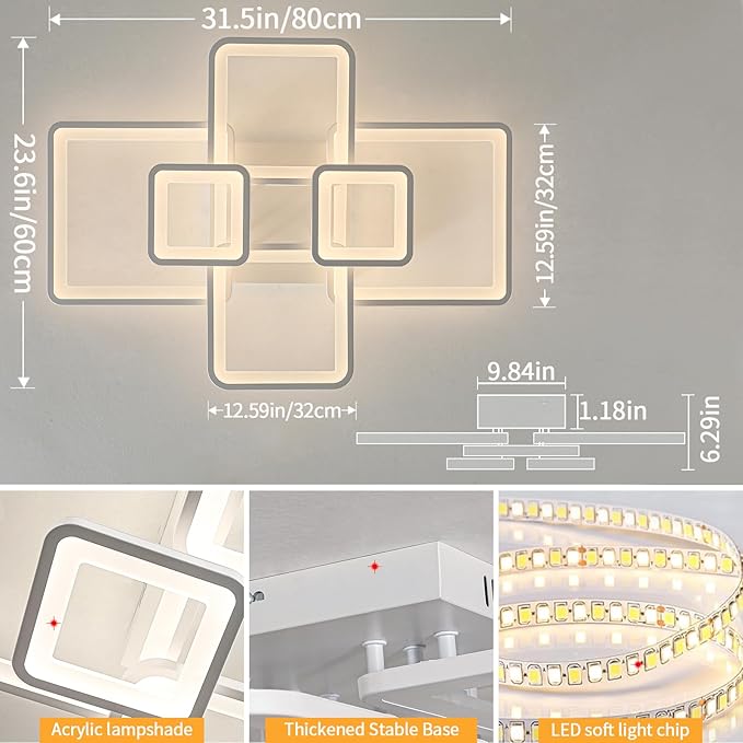 Shine LUEST Modern LED Ceiling Lights for Bedroom Dimmable Modern 6 Ring Square Ceiling Lights for Living Room with Remote Control White Bedroom Ceiling Lamp Fixures for Kitchen,Bathroom,Balcony