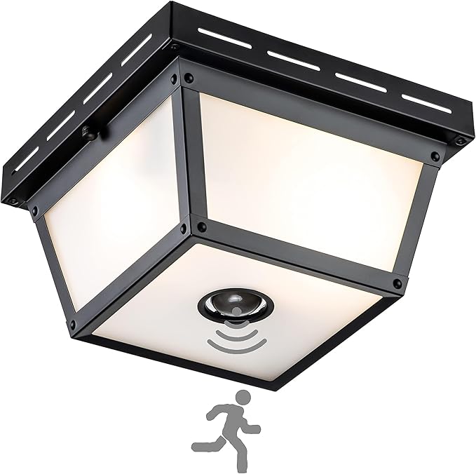 c cattleya 2-Light Motion Sensor Ceiling Light Fixture Outdoor Flush Mount Light Porch Lights Ceiling Mount Black with Textured Glass for Front Porch Deck Covered Patio Hallway