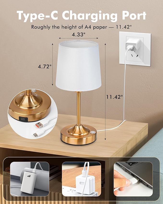 Cordless Table Lamp, 5000mAh Rechargeable Table Lamp with 3-Level Dimmable Brightness, Portable Nightstand LED Lamp for Bedroom, Living Room, Bedside, Dining Room (Gold)