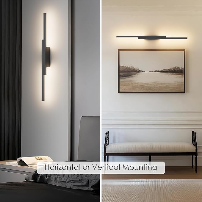 Aipsun Black Wall Sconces Set of Two Battery Operated Wall Sconces 3000K-6000K Dimmable LED Wireless Wall Lights for Living Room,Bedroom,10,000mAh,23.6Inch (2 Pack)