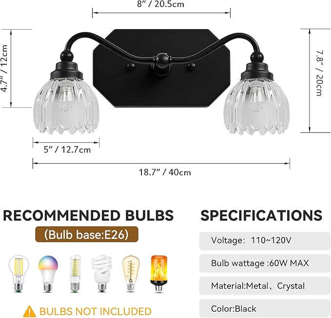 Vintage Bathroom Light Fixtures, 2 Light Bathroom Vanity Light, Black Matte Antique Brass Finish with Crystal Glass Shade, Mid Century Wall Sconces for Bedroom, Living Room, Hallway