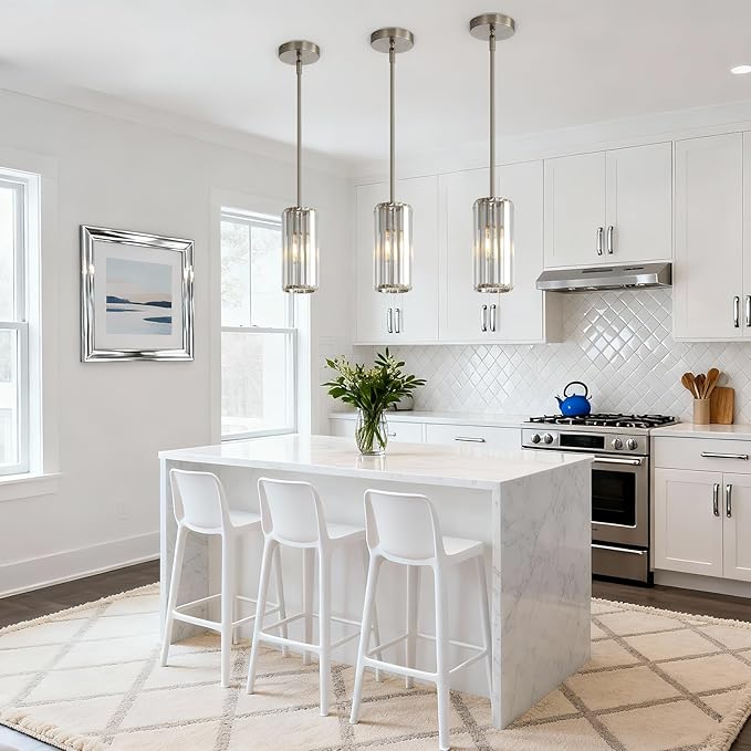 Modern Pendant Light for Kitchen Island, Brushed Nickel 1-Light Mini Crystal Chandelier with E26 Base, Small Hanging Luxury Fixture for Dining Room, Foyer and Hallway