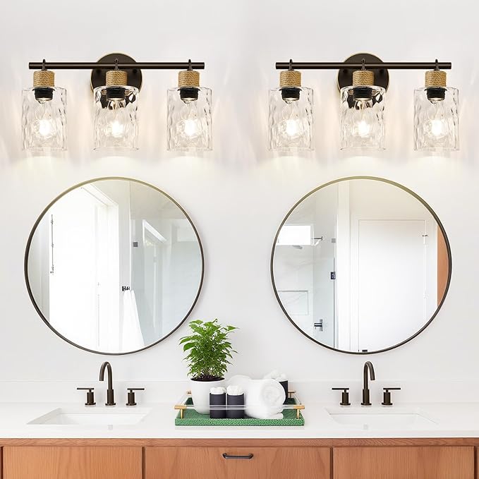 MOKATNG Bathroom Light Fixtures, 3-Light Coastal Vanity Lights with Crystal Glass Shade, Oil-Rubbed Bronze Bathroom Wall Lamp for Mirror Kitchen Hallway Cabinet