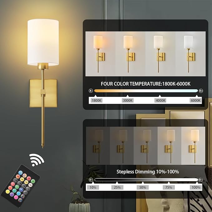 KARTOOSH Battery Operated Wall Sconce Set of Two, Wireless Rechargeable Wall Light with Remote Control, Dimmable, 4 Color Temperatures, RGB, Timer, for Living Room,Bedroom,Entryway, Gold, 20.6 Inch
