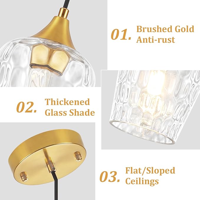 3 Pack Gold Pendant Lights Kitchen Island, Hammered Glass Pendant Lighting Over Island, Modern Hanging Kitchen Light Fixtures Over Sink Adjustable Mini Pendant Light for Bathroom Hallway Dining Room