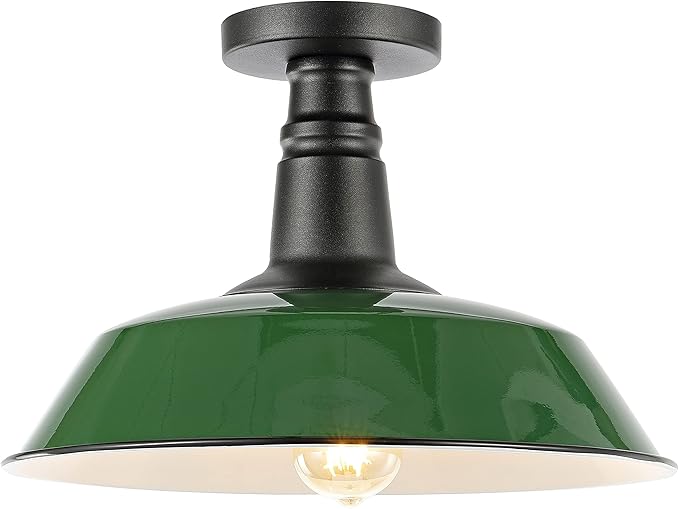 JONATHAN Y 14" Green/Black 1-Light Industrial LED Semi Flush Mount Ceiling Light for Porch, Kitchen, Entryway, Modern Farmhouse Iron Fixture, White Metal Shade, LED Bulb Included (JYL7617F)