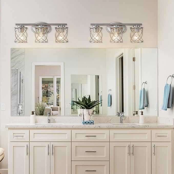 Mavcadonf Modern Vanity Lights with Cage Shade, 3 Lights Over Mirror, Brushed Nickel Bathroom Wall Lamp