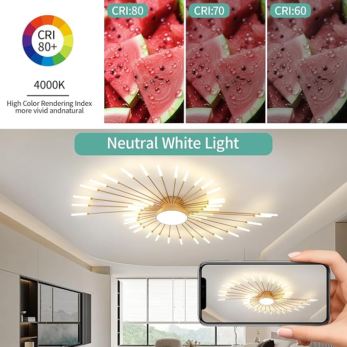 ziidoo Modern Ceiling Light, 42+1 Lights Metal Firework Designed Chic Led Lighting Fixture for Farmhouse Kitchen Dining Room Bedroom Hallway Living Room (Gold and Dark Gold)