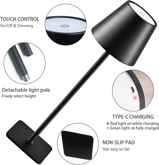 4-Pack Rechargeable Cordless Table Lamps, Battery-Operated Wireless Minimalist Table Lamp, 3 Colors Stepless Dimming LED Adjustable Height Table Lamp for Dining/Bedside/Camping (4, Black)