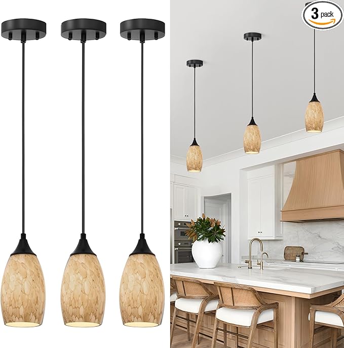 ANYLOVE Vintage Art Brown Pendant Lighting,3-Pack Hand Glass Hanging Light Fixture,Adjustable Cord for Kitchen,Hallway,Dining Room