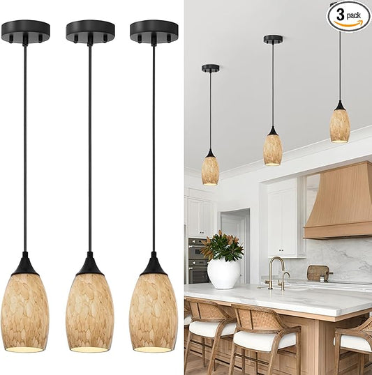 ANYLOVE Vintage Art Brown Pendant Lighting,3-Pack Hand Glass Hanging Light Fixture,Adjustable Cord for Kitchen,Hallway,Dining Room