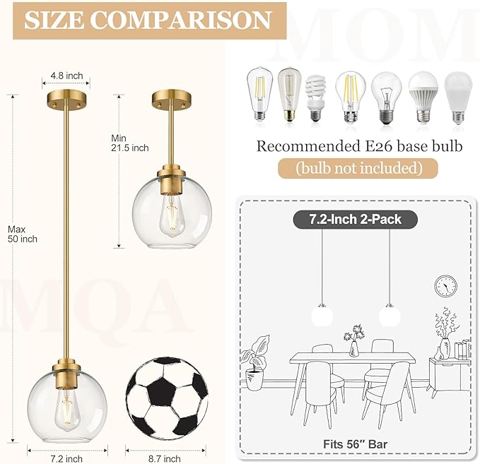 2 Pack 7.2-Inch Globe Pendant Lights, Mid Century Gold Pendant Light Fixtures, Globe Pendant Lights Kitchen Island with Clear Glass Shade Adjustable Hanging Fixture for Dining Room Bulbs not Included