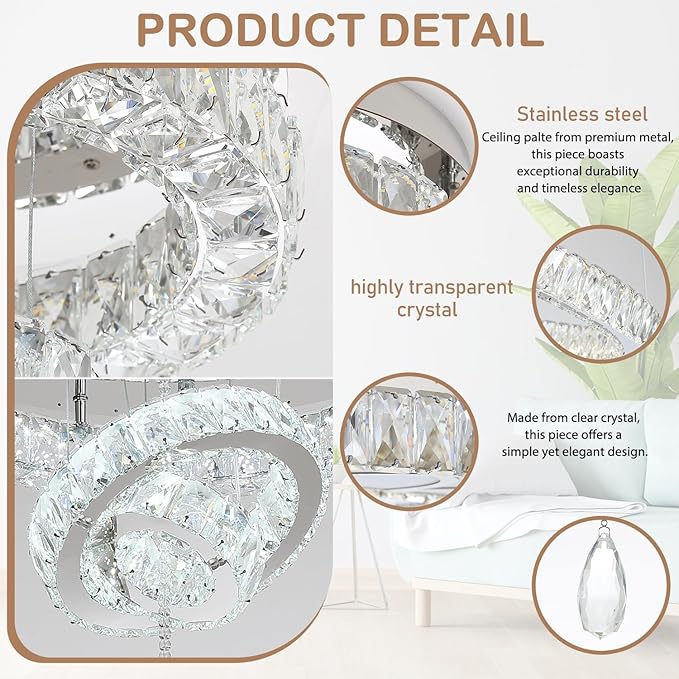 Flashing God Dia 32'' Modern Chandeliers for Living Room Crystal Flush Mount Ceiling Chandelier Large Chandeliers for Dining Room Bedroom LED Dimmable 3000-6000K Chrome