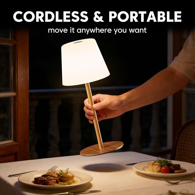 NEEZUKAR Cordless Table Lamp for Bedroom,Rechargeable IP65 Waterproof Shower Lamp with Battery Operated, Touch Dimmable LED Desk Light for Bathroom,Kitchen,Outdoor Patio (Wood Grain)
