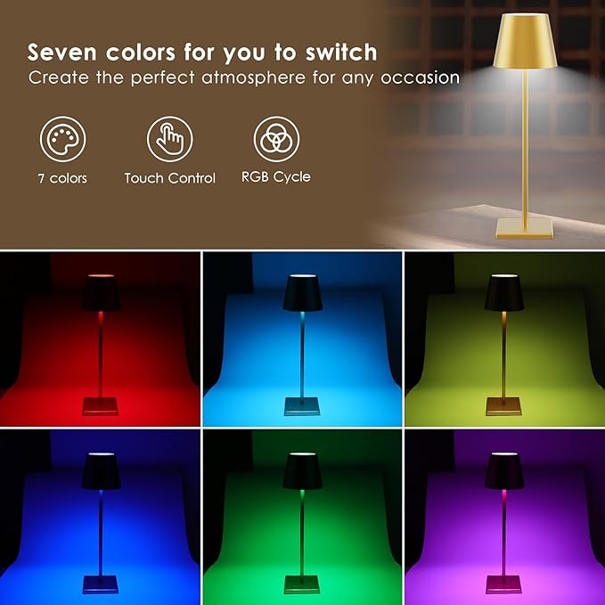 2-Pack LED Cordless Table Lamp with RGB & Stepless Dimming, 3W 5000mAh Rechargeable Desk Lamps Battery Operated Table Light Stepless Dimmable Portable Table Lamp for Table/Bedroom/Outdoor (Gold)