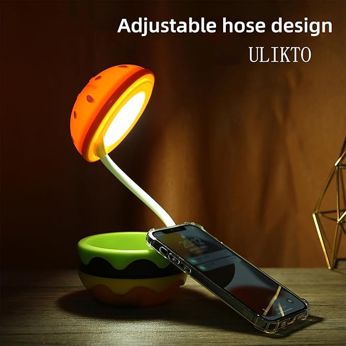 Small Table Lamp Hamburger Night Light Cute Rechargeable LED Desk Lamp with Dimmable Flexible Hose Touch Switch Nursery Night Light Kawaii Desk Accessories Room Decor for Boys Girls Kids Gifts