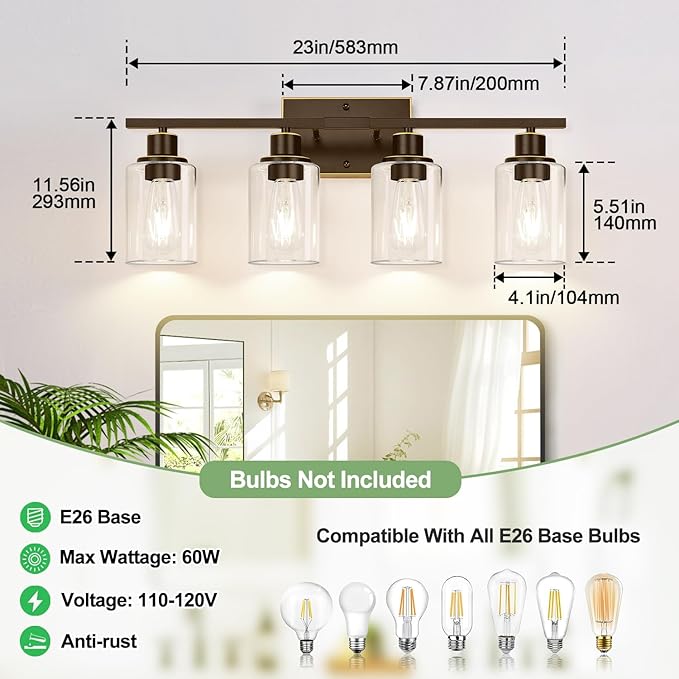 Indoi 4 Light Bathroom Light Fixtures, Oil-Rubbed Bronze Modern Vanity Lights with Clear Glass Shades, Bathroom Wall Lamp for Mirror Living Room Cabinet
