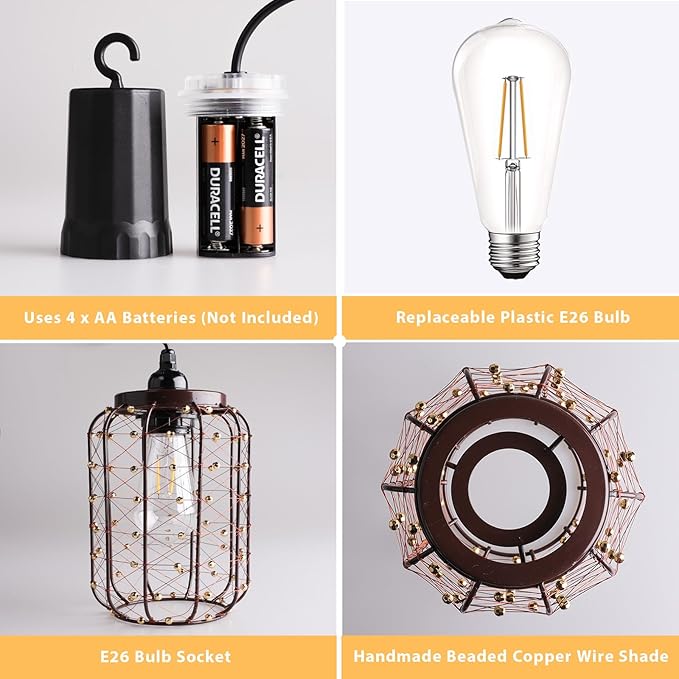 Battery Operated Hanging Outdoor Chandelier, Battery Pendant Light 4 AA Battery-Powered for Gazebo, Pergola, Porch, Patio, Outdoor Decor Lighting