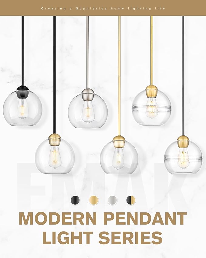 Emak 8 Inch Globe Pendant Lights Kitchen Island, Brushed Gold Pendant Light Fixtures with Clear Glass Shade, Modern Island Lights for Kitchen, Dining Room, Bathroom, PL121-BGD-AG
