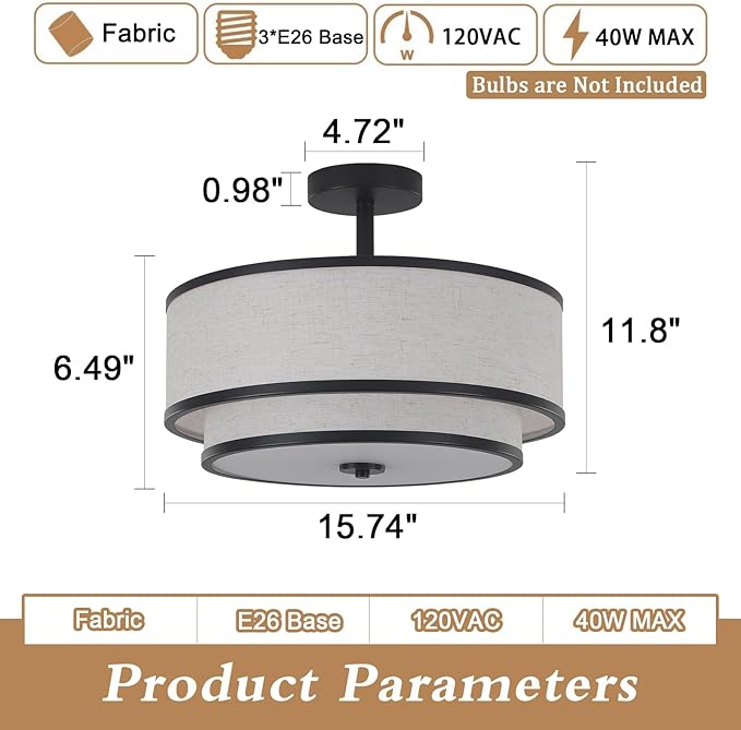 BUXVRCS Semi Flush Mount Ceiling Light Fixture, Modern Light Fixtures Ceiling Mount with Fabric Shade, 3-Light Double Drum Lighting Fixtures Close to Ceiling Light for Bedroom (Black)