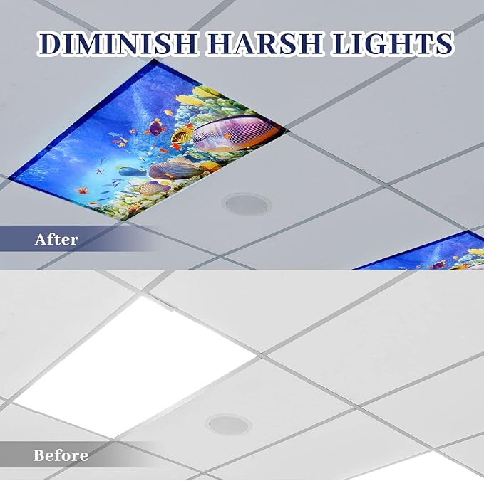 Hortsun 6 Pcs Fluorescent Light Covers - 4 x 2 Feet Magnetic Light Filters, Ceiling Lights Covers for Classroom Fluorescent Shade, Hospitals, School Office Cubicle Decor(Ocean)