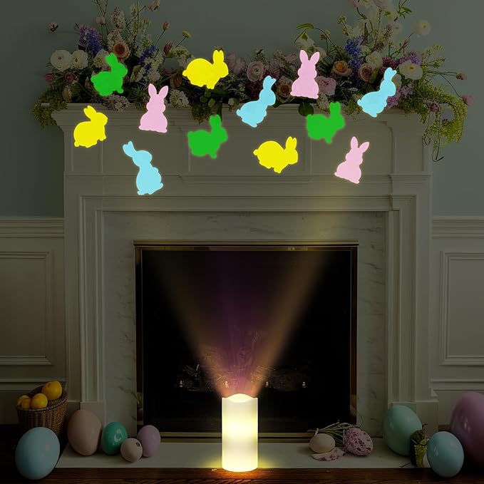 Baquler Easter Bunny Decor Flameless Candles Projector Lights Easter LED Candle Battery Operated Bunny Night Light with Remote Timer Gift Basket Party for Spring Farmhouse Table Home Decor