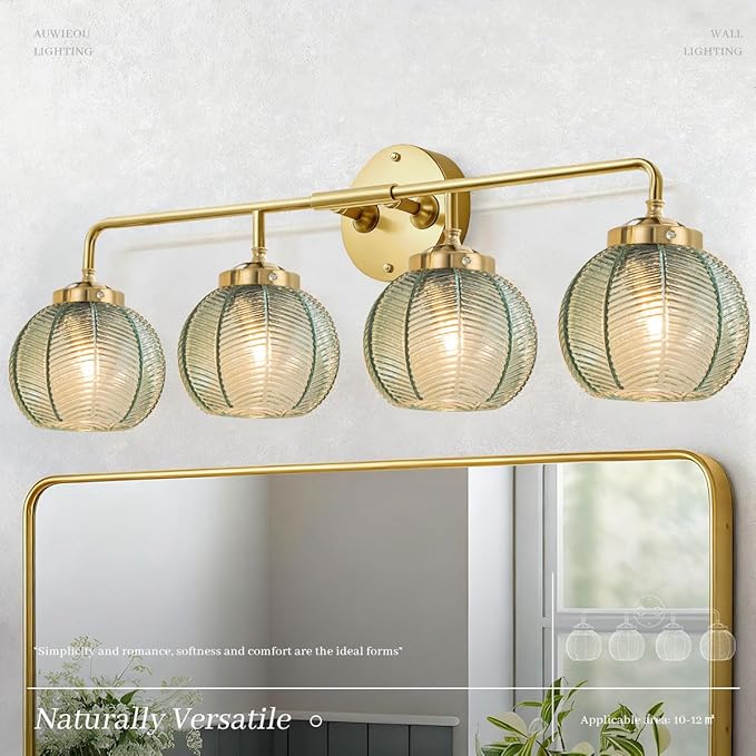 4-Light Vintage Bathroom Vanity Lights – Gold Wall Sconce with Green Glass Shades, Mid Century Modern Art Deco Lighting for Mirror, Living Room, Bedroom