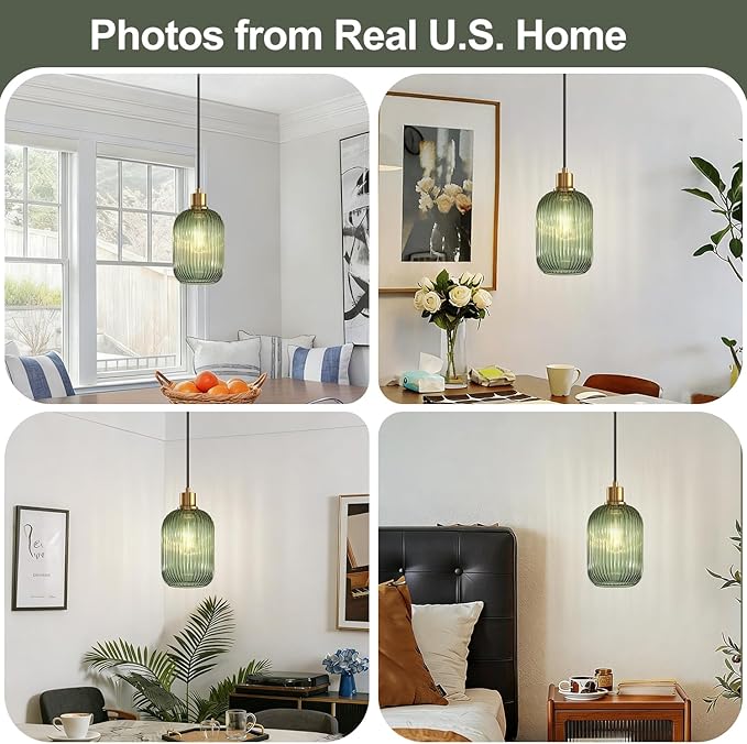 2 Pack Pendant Lights with Vintage Green Ribbed Glass Lampshade, Adjustable Brushed Gold Pendant Lights Fixtures for Kitchen Island Lighting Sink, Dining & Living Room Hallway (Bulbs Not Included)