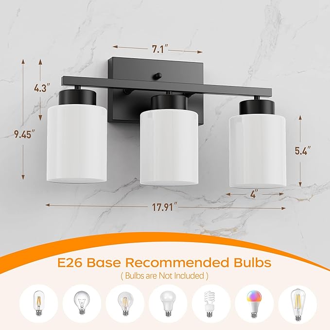 PARTPHONER 3-Light Matte Black Bathroom Light Fixtures, Modern Vanity Light Over Mirror Lighting, Wall Sconce with Frosted Milky White Glass Shades for Bedroom Living Room Kitchen Hallway