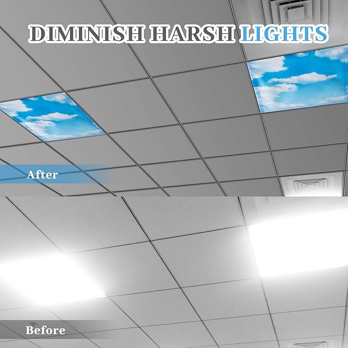 VIHOSE 4 Pcs 2 x 2 Feet Fluorescent Light Covers for Ceiling Lights Classroom Magnetic Light Filters for Reducing Harsh Glare Flicker for Office Classroom Home Drop Ceiling(Sky Cloud)