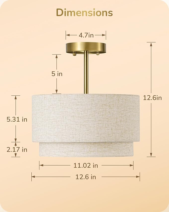 EDISHINE 12.6Inch Semi Flush Mount Ceiling Light, 3-Light Close to Ceiling Light Fixtures with Double Drum Linen Fabric Shade, Modern Mount Lamp for Bedroom Hallway Dining Room, Brushed Gold